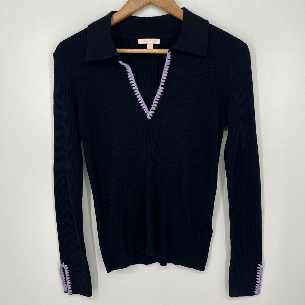 Lisa Todd Womens Black Ribbed Cotton Cashmere Crochet Trim Polo Sweater XS